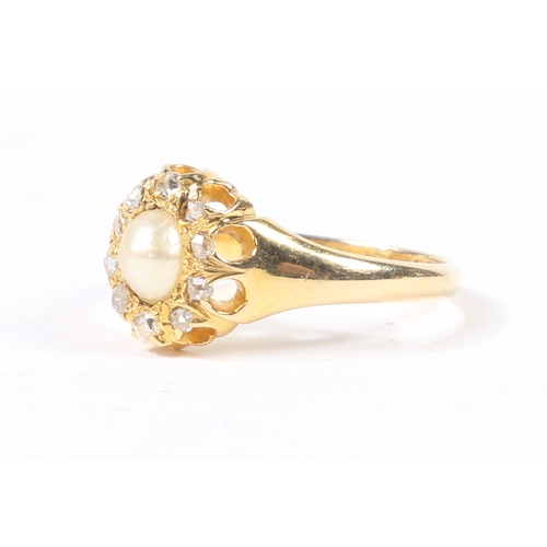 49 - AN 18 CARAT GOLD DIAMOND AND PEARL RING. An 18 carat gold diamond and pearl ring, the head set with ... 