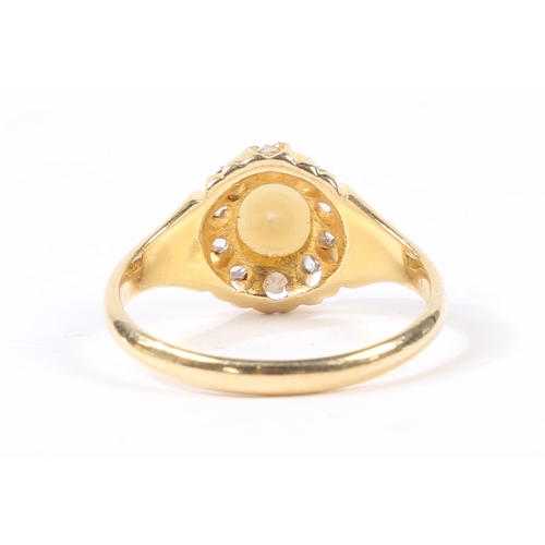 49 - AN 18 CARAT GOLD DIAMOND AND PEARL RING. An 18 carat gold diamond and pearl ring, the head set with ... 