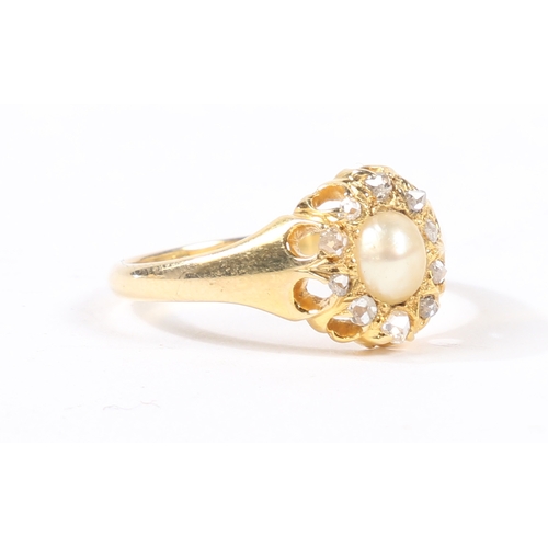 49 - AN 18 CARAT GOLD DIAMOND AND PEARL RING. An 18 carat gold diamond and pearl ring, the head set with ... 