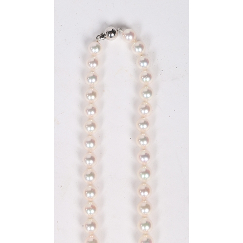 52 - A SINGLE STRAND PEARL NECKLACE. the single strand necklace with 18 carat white gold clasp of orb for... 