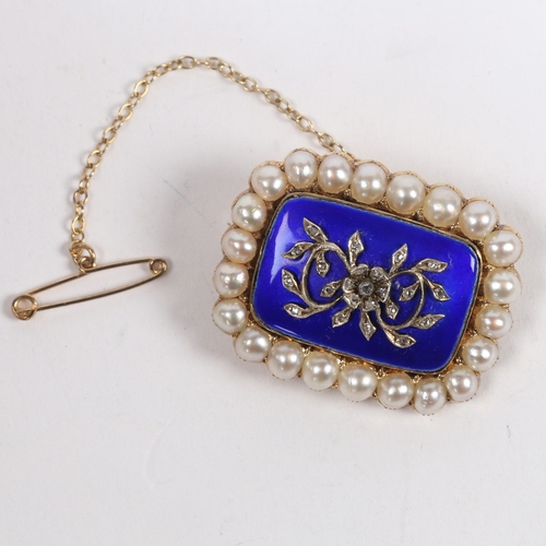 53 - A VICTORIAN DIAMOND, PEARL AND BLUE ENAMEL MOURNING BROOCH. the rectangular brooch with central diam... 