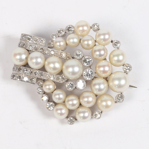 54 - AN ART DECO DIAMOND AND PEARL BROOCH. the four central pearls flanked by round cut diamonds above ar... 