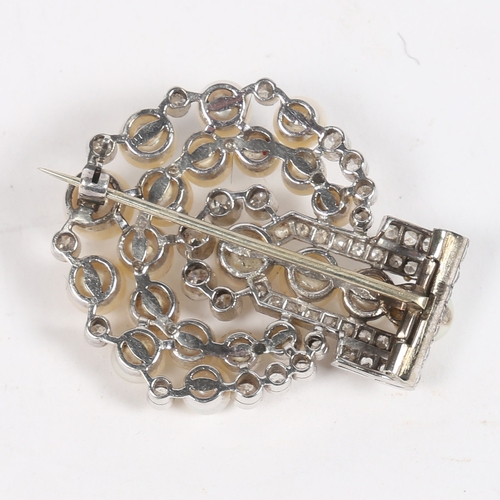 54 - AN ART DECO DIAMOND AND PEARL BROOCH. the four central pearls flanked by round cut diamonds above ar... 