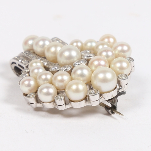 54 - AN ART DECO DIAMOND AND PEARL BROOCH. the four central pearls flanked by round cut diamonds above ar... 