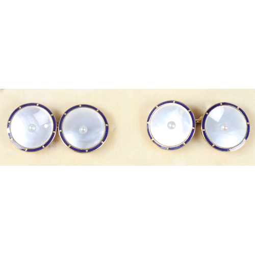 69 - A PAIR OF 18 CARAT GOLD, BLUE ENAMEL, PEARL AND MOTHER OF PEARL CUFFLINKS. of circular form, with ce... 