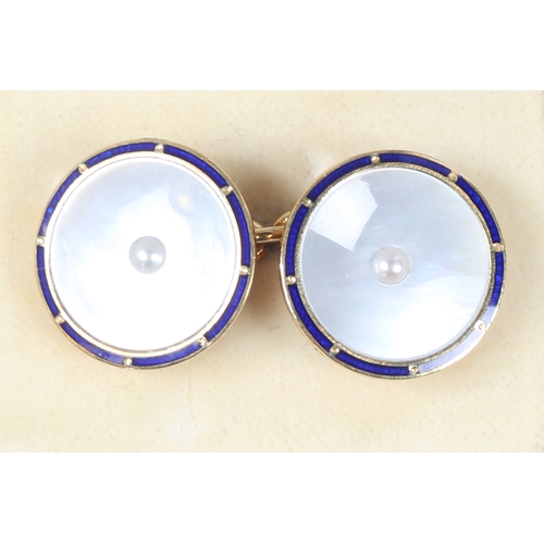 69 - A PAIR OF 18 CARAT GOLD, BLUE ENAMEL, PEARL AND MOTHER OF PEARL CUFFLINKS. of circular form, with ce... 