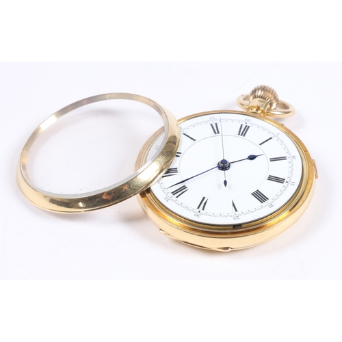 74 - AN 18 CARAT GOLD OPEN FACE POCKET WATCH. the white enamel dial with Roman numerals, outer minutes an... 