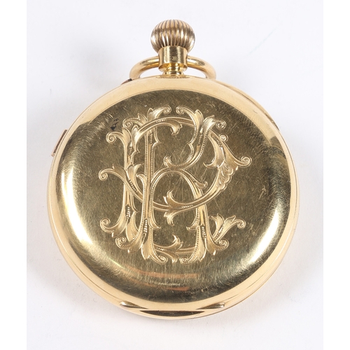 74 - AN 18 CARAT GOLD OPEN FACE POCKET WATCH. the white enamel dial with Roman numerals, outer minutes an... 