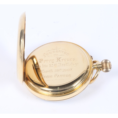 74 - AN 18 CARAT GOLD OPEN FACE POCKET WATCH. the white enamel dial with Roman numerals, outer minutes an... 