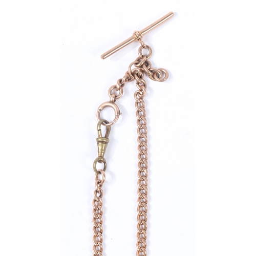 76 - A 9 CARAT GOLD POCKET WATCH CHAIN AND T BAR. the watch chain with sliding T bar, circular clip end a... 