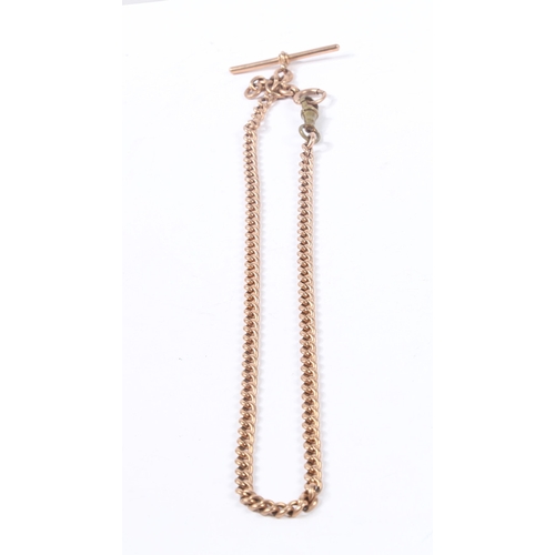 76 - A 9 CARAT GOLD POCKET WATCH CHAIN AND T BAR. the watch chain with sliding T bar, circular clip end a... 