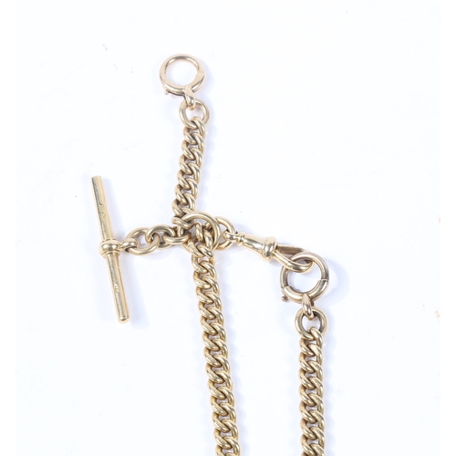 77 - AN 18 CARAT GOLD POCKET WATCH CHAIN AND T BAR. with sliding T bar and clip ends, 41cm long, 84.4g.