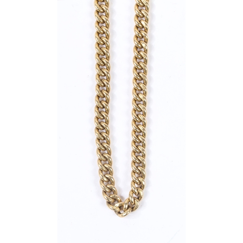 77 - AN 18 CARAT GOLD POCKET WATCH CHAIN AND T BAR. with sliding T bar and clip ends, 41cm long, 84.4g.