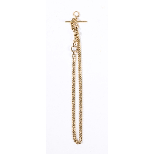 77 - AN 18 CARAT GOLD POCKET WATCH CHAIN AND T BAR. with sliding T bar and clip ends, 41cm long, 84.4g.