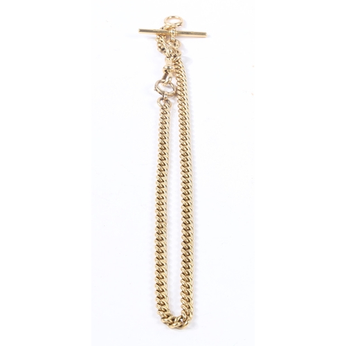 77 - AN 18 CARAT GOLD POCKET WATCH CHAIN AND T BAR. with sliding T bar and clip ends, 41cm long, 84.4g.