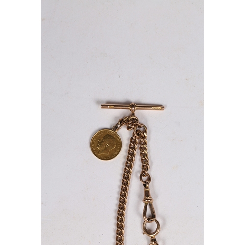 78 - A 9 CARAT GOLD POCKET WATCH CHAIN. with clip ends, central sliding T bar and George V half sovereign... 