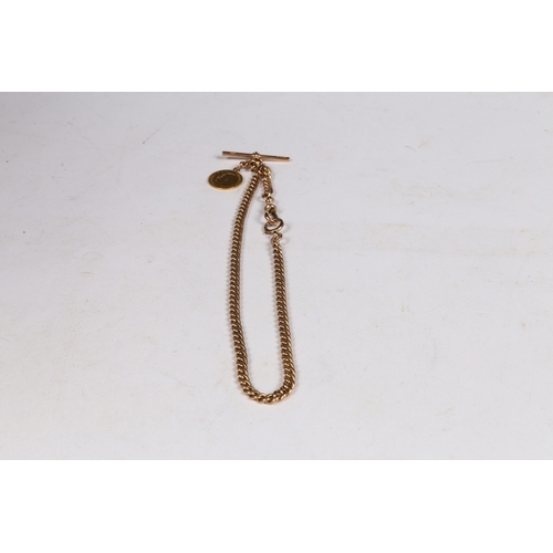 78 - A 9 CARAT GOLD POCKET WATCH CHAIN. with clip ends, central sliding T bar and George V half sovereign... 