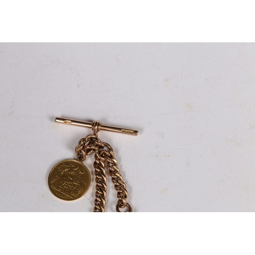 78 - A 9 CARAT GOLD POCKET WATCH CHAIN. with clip ends, central sliding T bar and George V half sovereign... 