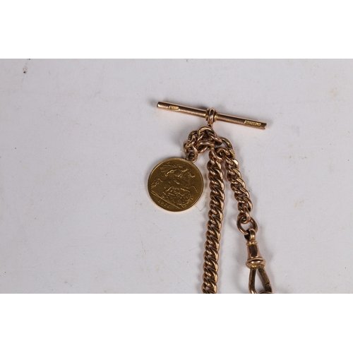 78 - A 9 CARAT GOLD POCKET WATCH CHAIN. with clip ends, central sliding T bar and George V half sovereign... 