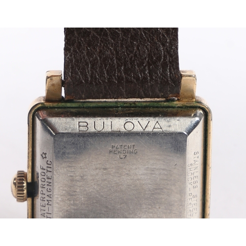 86 - A BULOVA GENTLEMAN'S ROLLED GOLD WRISTWATCH. the signed white dial with Arabic and baton markers, au... 