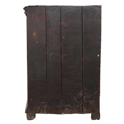 103 - A SMALL 17TH CENTURY OAK LIVERY CUPBOARD, FRANCO-FLEMISH. Of dovetailed boarded construction, with v... 