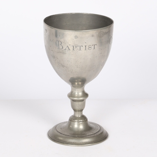 107 - A GEORGE III PEWTER CHALICE, SCOTTISH, DATED 1787. The large bowl engraved 'BAPTIST CHURCH GLASGOW 1... 