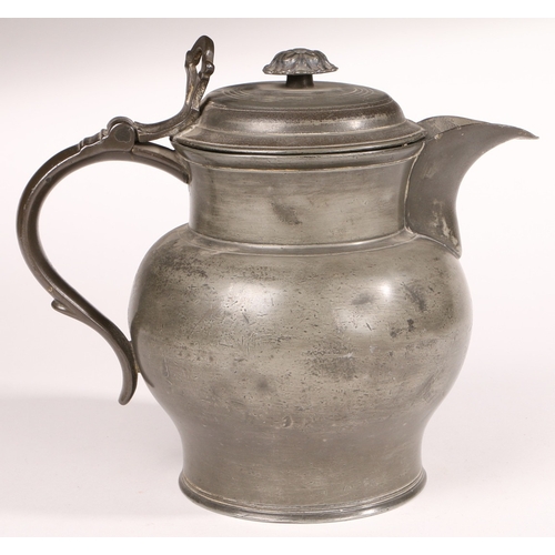 109 - A 19TH CENTURY LARGE PEWTER LIDDED ALE JUG, ENGLISH, CIRCA 1840. Having a bulbous body, a domed lid ... 