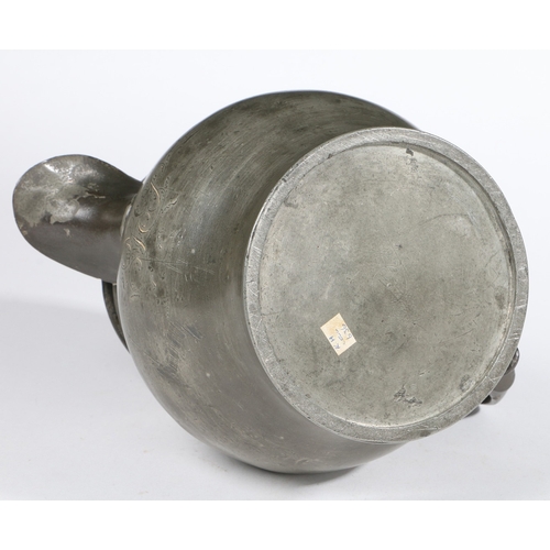 109 - A 19TH CENTURY LARGE PEWTER LIDDED ALE JUG, ENGLISH, CIRCA 1840. Having a bulbous body, a domed lid ... 