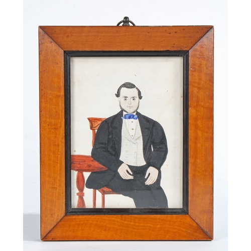 120 - A 19TH CENTURY ENGLISH 'NAIVE SCHOOL' PORTRAIT MINIATURE. Pen and watercolour on paper, of a seated ... 