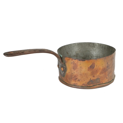 130 - A SMALL19TH CENTURY COPPER PAN, ENGLISH. Of cylindrical form, with applied base, and stamped with th... 