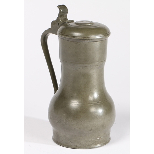 146 - A PEWTER 'REMBRANDT-TYPE' FLAGON, DUTCH, CIRCA 1700. Of typical shouldered bulbous form, maker's tou... 