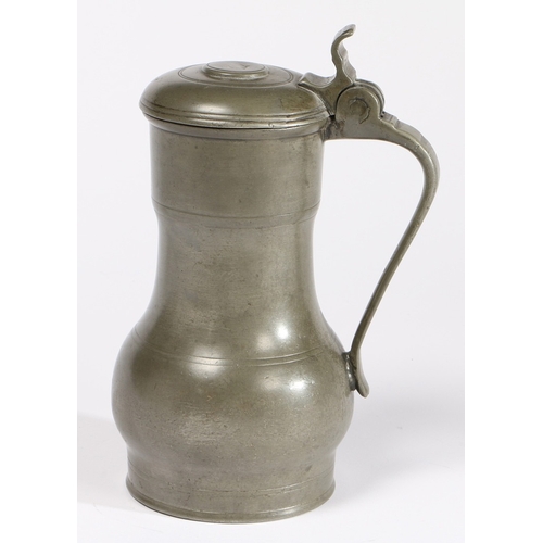 146 - A PEWTER 'REMBRANDT-TYPE' FLAGON, DUTCH, CIRCA 1700. Of typical shouldered bulbous form, maker's tou... 