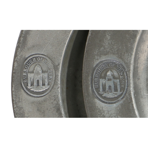 147 - A PAIR OF GEORGE II PEWTER PLAIN RIM PLATES, CIRCA 1730-50. Each with ownership medallion 'Borough o... 