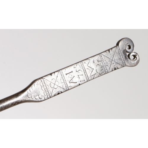 153 - A GOOD GEORGE II IRON MEAT FORK, DATED 1755. With two tines, the round stem flattening and broadenin... 