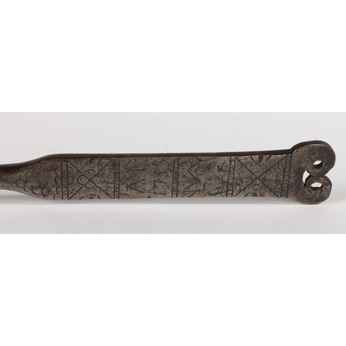 153 - A GOOD GEORGE II IRON MEAT FORK, DATED 1755. With two tines, the round stem flattening and broadenin... 