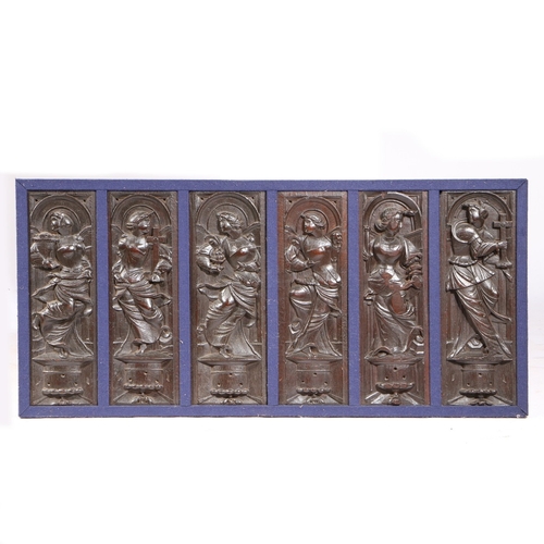 156 - A SET OF SIX MID-16TH CENTURY CARVED OAK FIGURAL PANELS, FRAMED, CIRCA 1550. One male and five femal... 