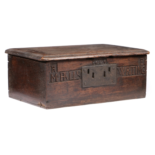 157 - A RARE JAMES I BOARDED OAK BOX, NAMED AND DATED 1624. Having a triple-reeded one-piece top, the frie... 