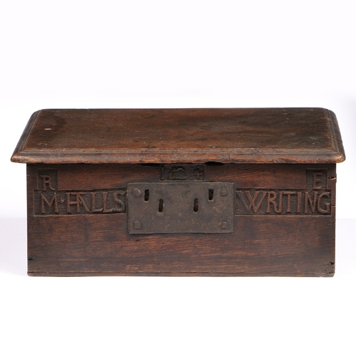 157 - A RARE JAMES I BOARDED OAK BOX, NAMED AND DATED 1624. Having a triple-reeded one-piece top, the frie... 