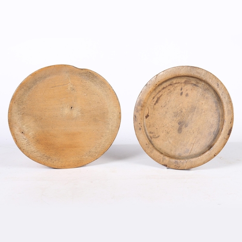 167 - TWO 18TH CENTURY SYCAMORE PLATES OR PLATTERS, ENGLISH. One with a moulded flat rim and sides, 21.5cm... 