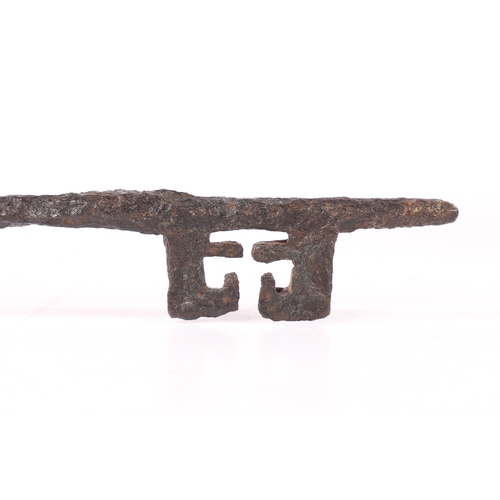 201 - A LARGE AND IMPRESSIVE 14TH CENTURY IRON KEY, ENGLISH, CIRCA 1300. Having a long pointed solid shank... 