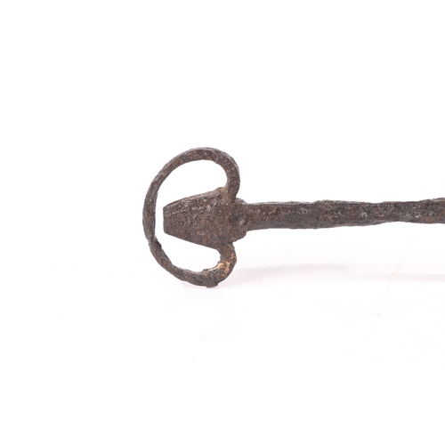 201 - A LARGE AND IMPRESSIVE 14TH CENTURY IRON KEY, ENGLISH, CIRCA 1300. Having a long pointed solid shank... 