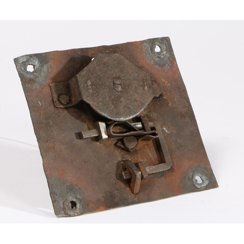 206 - A 17TH CENTURY LOCK AND CATCH, WITH WORKING LATER KEY. The lock with rectangular plate and bar catch... 