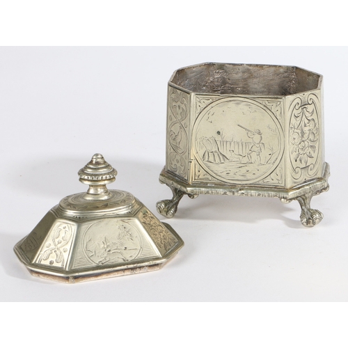 210 - A SMALL 19TH CENTURY ENGRAVED LIDDED TABACCO BOX, ELECTROPLATED, SILVER ON COPPER, ENGLISH. Of recta... 