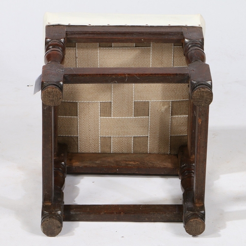 222 - A MID-17TH CENTURY OAK AND UPHOLSTERED STOOL, ENGLISH, CIRCA 1650. The recently re-upholstered seat ... 