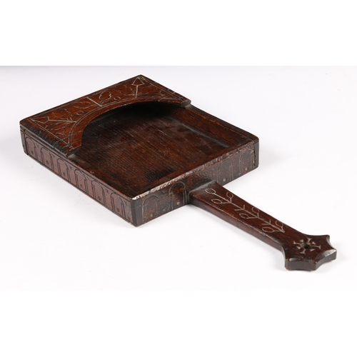 223 - A GEORGE I OAK HAND-HELD OFFERTORY BOX, WELSH, DATED '1726'. Of open galleried-tray form, the basebo... 