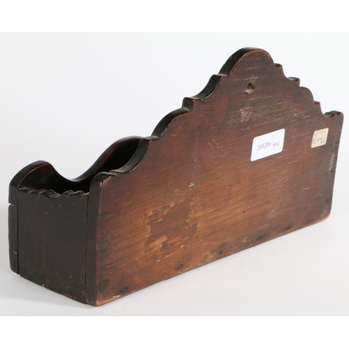 225 - A GEORGE III BOARDED ELM MURAL OPEN SPILL BOX, CIRCA 1780. Having an arched ogee-profiled backboard,... 