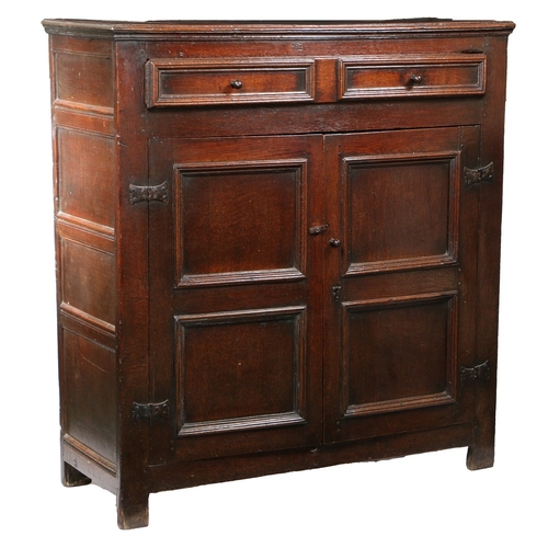 237 - A RARE LATE 17TH CENTURY OAK LIVERY/FOOD CUPBOARD, WITH PIERCED SHELVES, ENGLISH, CIRCA 1680-1700. T... 