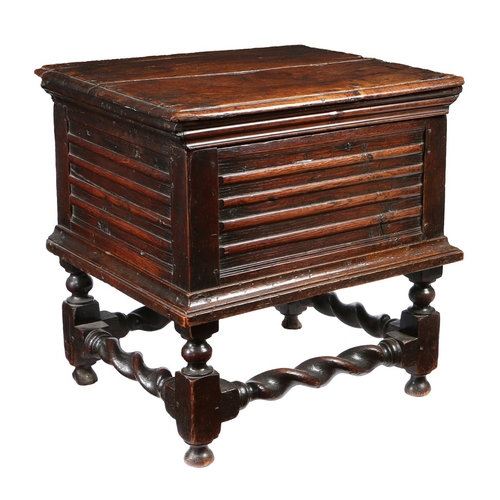 371 - A CHARLES II OAK CLOSED STOOL, CIRCA 1680. Having a boarded ovolo-moulded box hinged lid, the front ... 