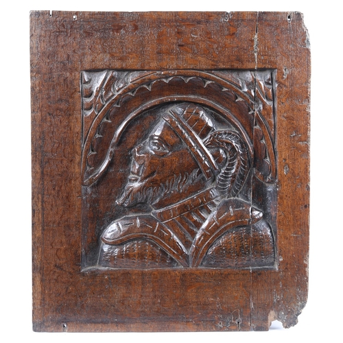 375 - A RARE HENRY VIII OAK PORTRAIT PANEL, CIRCA 1520-40. Carved with a male portrait facing to sinister,... 