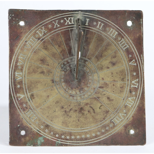 376 - A SMALL BRASS HORIZONTAL SUNDIAL. Having a square plate, engraved with a Roman numeral hour scale, a... 